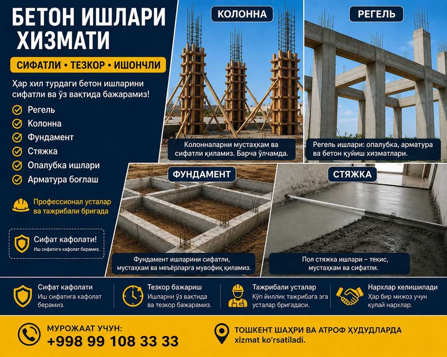 Регель, колонна, фундамент, стяжка қиламиз.