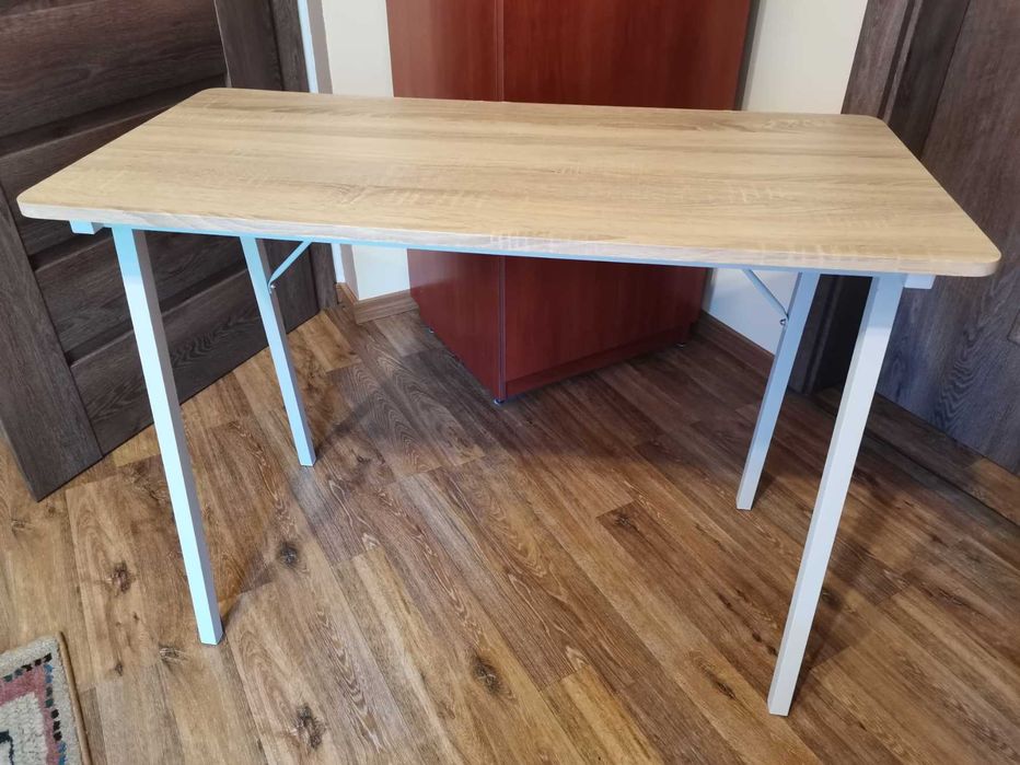 Birou suport metalic alb si placa de PAL stejar, 100 x 46 x 74cm