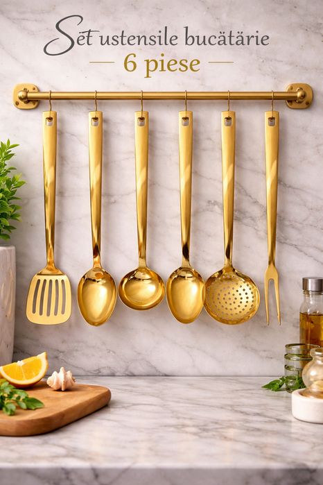 Set ustensile bucatarie inox auriu 6 piese, set ustensile gatit, inox alimentar, design elegant