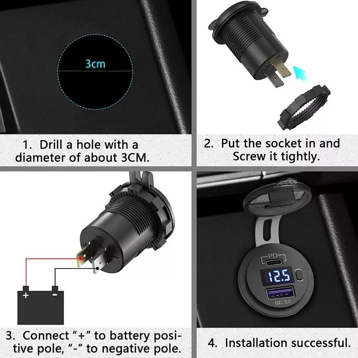 USB Type-C + USB 3.0 зарядно за кола/камион/АТВ/кемпер/лодка *с кабели
