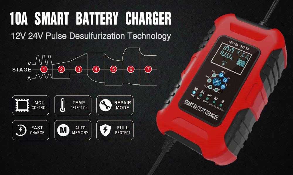 Умно импулсно зарядно за акумулатор 10Ah 12V 24V за кола автомобил AGM