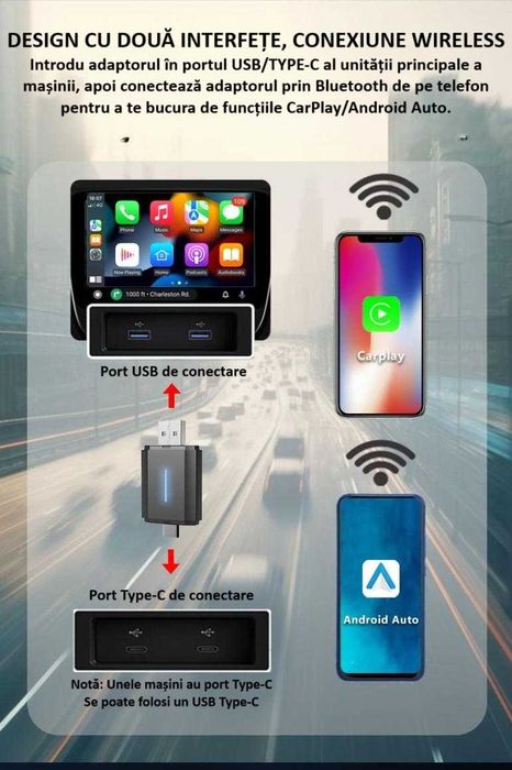 Adaptor Wireless Android Auto/Apple Carplay ZYTEQ® PL6, Universal, Nou