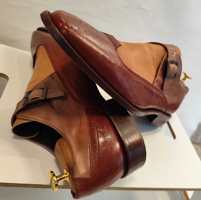 Pantofi monk de lux 44.5 45 lucrati manual Mezlan NOI piele naturala moale maro camel