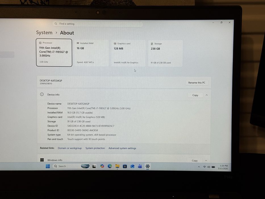 Laptop Lenov Thinkpad T14s Gen2 | i7-1185G7 | 16GB RAM | 240GB SSD