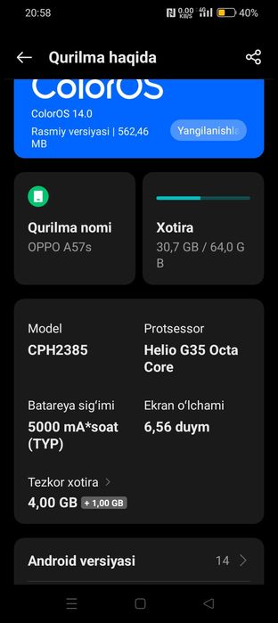 OPPO A57xotira 64GB