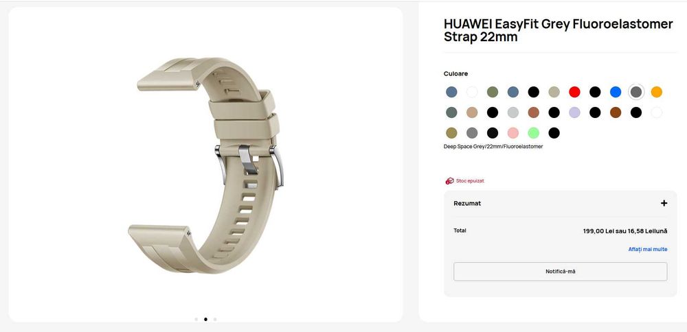 Curea ceas originala - HUAWEI EasyFit Grey Fluoroelastomer Strap 22mm