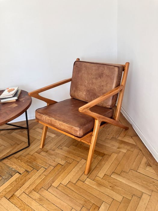 Set  2 fotolii piele naturală + lemn masiv | Mid-Century Modern | Scandinavian