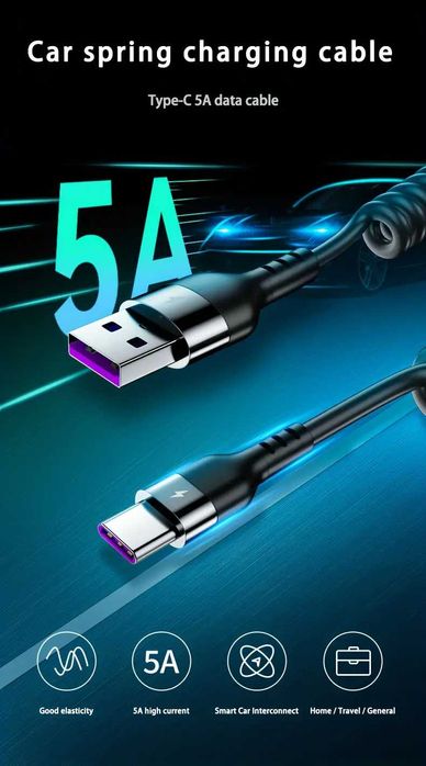 Cablu USB C flexibil  66W 5A încărcare rapida telescopic pt. auto 1m