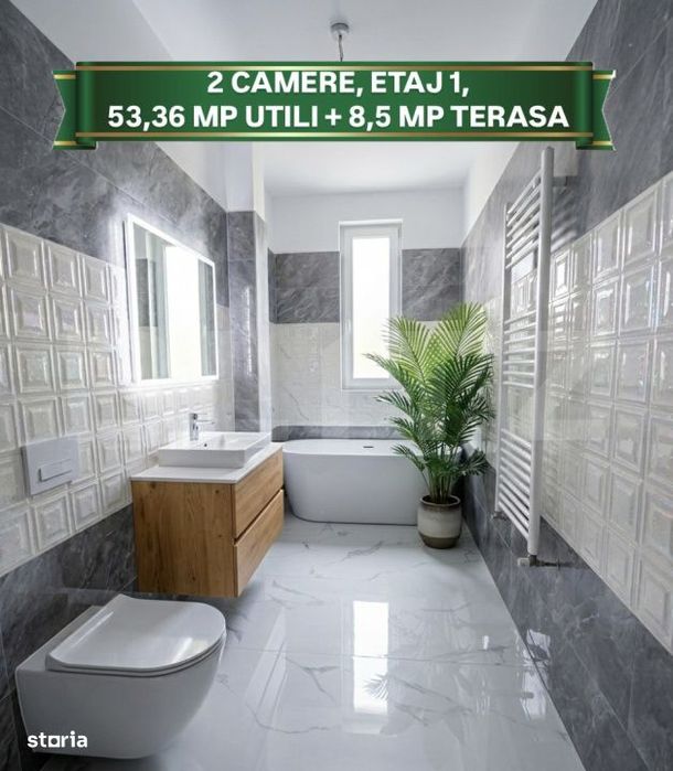 Etaj 1, Apartament cu 2 camere, 53,36 mp utili + 8,5 mp balcon, Zona E