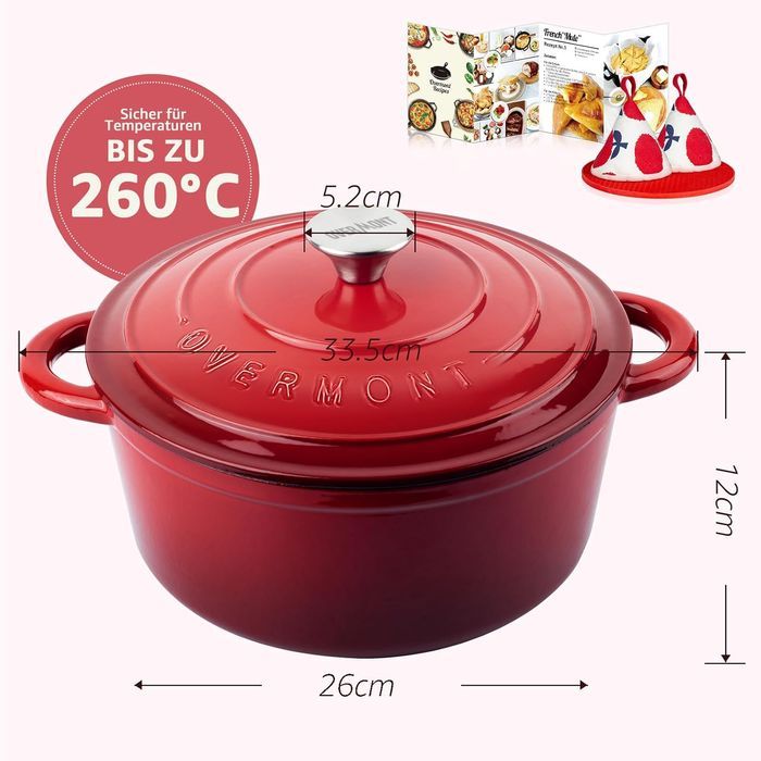 Vas Fontă Emailat Overmont 26cm cu Capac, Cuptor & Inducție