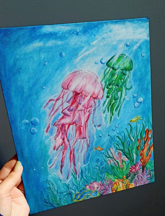 Piesă unicat artă marină - Tablou acrilic meduze, 25x30 cm