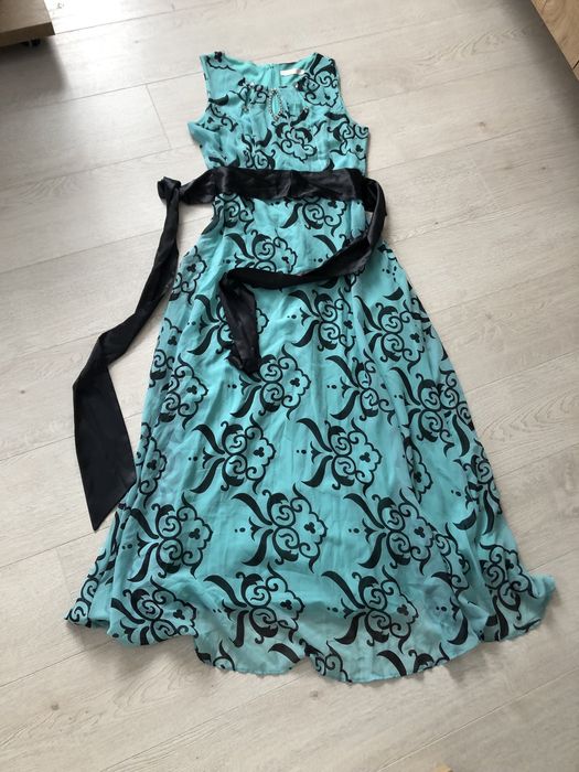 Синьо-зелена дълга рокля, подходяща за повод, размер L