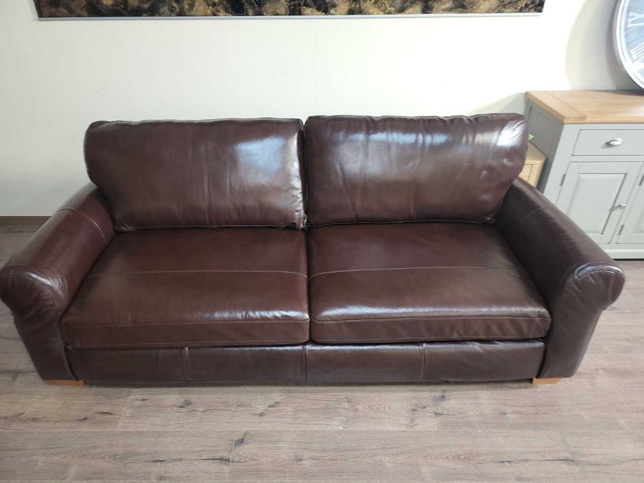 Кафяв кожен комплект дивани четворка и двойка с функция сън