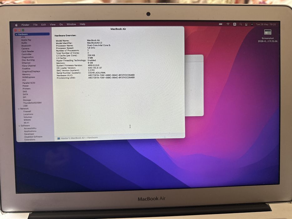 Mackbook Air 1466 8GB RAM 128 GB HDD
