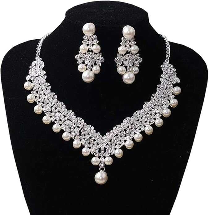 Set colier si cercei cu perle argintiu elegant ocazie sau mireasa NOU