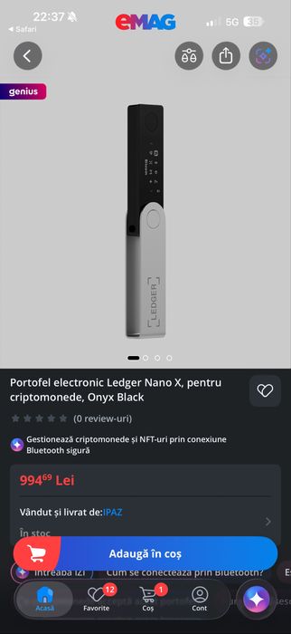 Portofel electronic Ledger Nano X, pentru criptomonede, Onyx Black - NOU