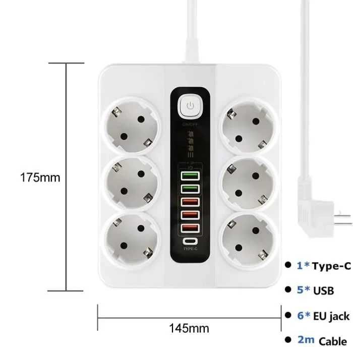 Разклонител за контакт 220V ,6 гнезда, 5 USB, Type C Digital , със защита, 3USB