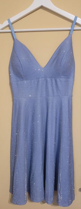 Къса синя бутикова рокля с брокат