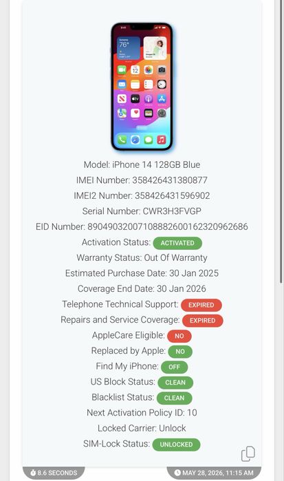 iPhone 14  128GB  Blue 88% Neverlocked Albastru