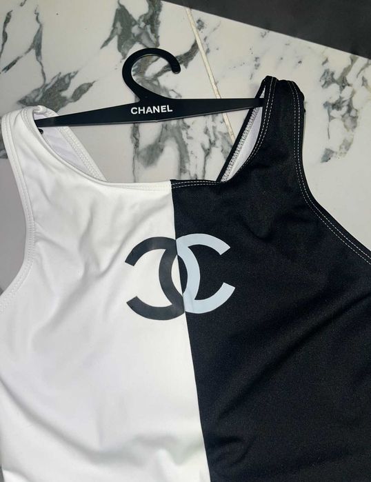 цял бански шанел черен бял боди лукс топ chanel