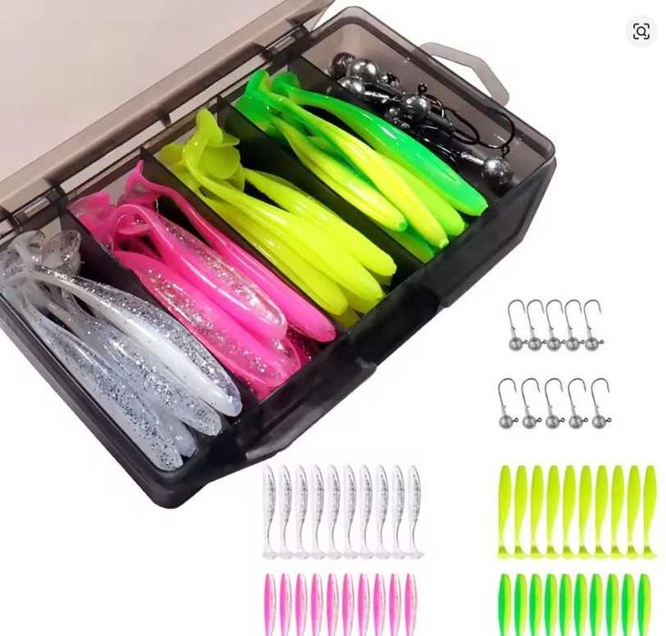 Pescuit salau stiuca Easy Shiner 32 gume X 10cm + jig-uri + cutie