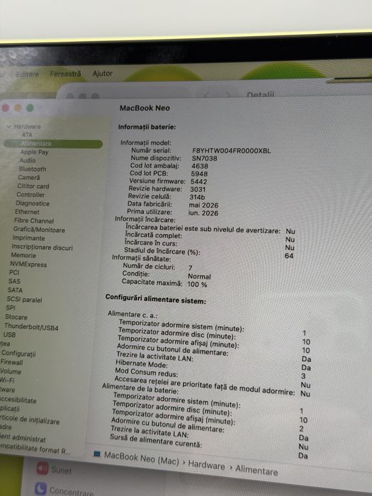 Macbook Neo 13" , 512 GB , 8 GB RAM , A18 PRO, Baterie 100% , 7 Cicluri , Citrus