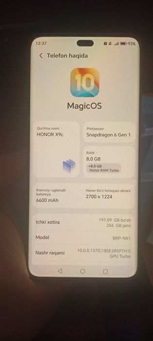 Honor x9c ram 8+8 turbo 256gb 1 yil kafol