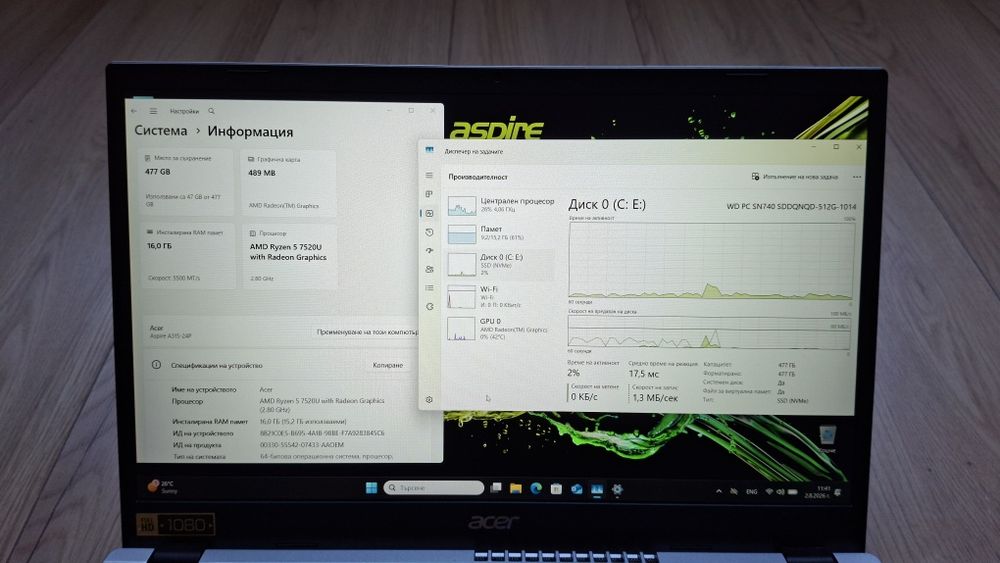 15.6' IPS Acer Aspire AMD Ryzen 5 7520U/16GB DDR5/512GB SSD/AMD Radeon 610M