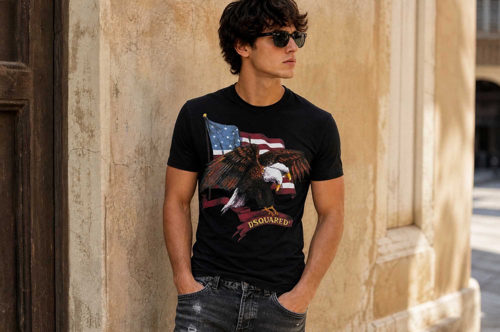 Мъжка тениска Dsquared2 „American Eagle" — черна, slim fit — 2XL