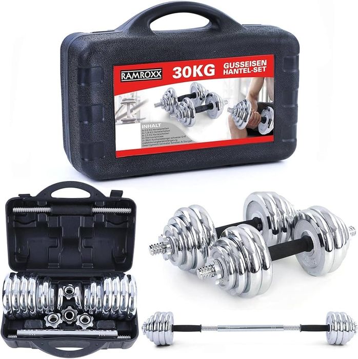 Набор гантелей, штанга, хром, чугун 30кг Gantel