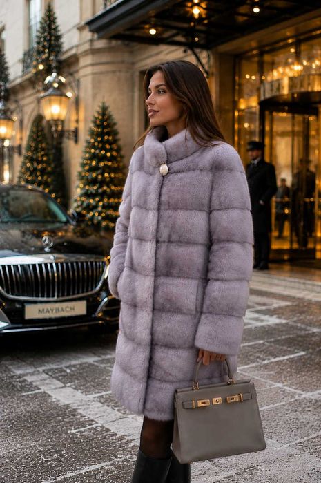 Haină de Nurcă , Vizon , Blană de Lux , Culoare Gri , Mărime L–XL Saga Mink