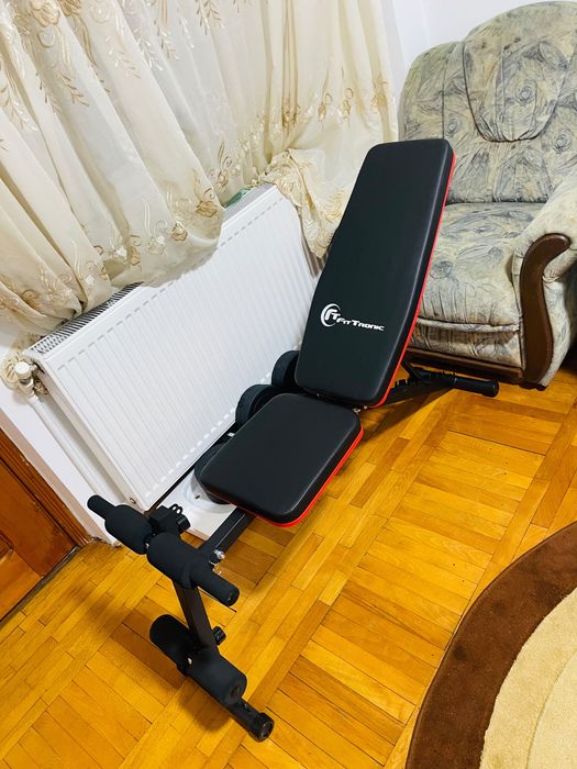 Set Haltere și Gantere cu Bancă Reglabilă FitTronic + Discuri Greutăți