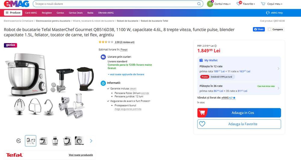 Robot de bucatarie TEFAL Masterchef Gourmet  Cod :QB516G38