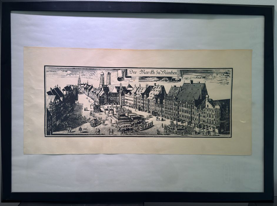 „Der Marckt zu München – gravura germana panoramica veche – inramata” 61x29cm