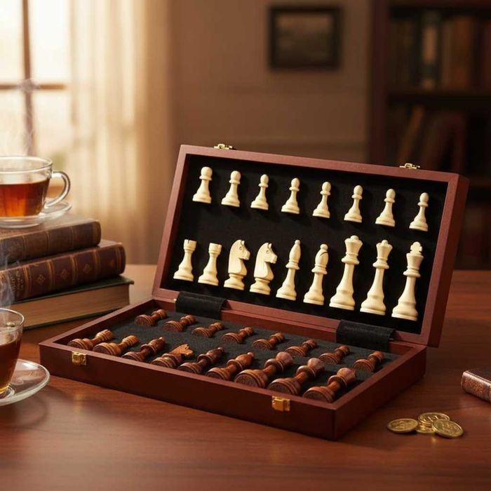 Set sah lemn premium pliabil 29x29cm depozitare cu spatii individuale