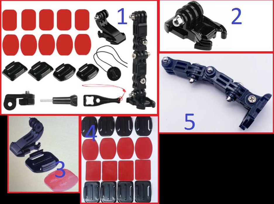 Различни аксесоари за екшън камера щипки лепенки удължители болтове
