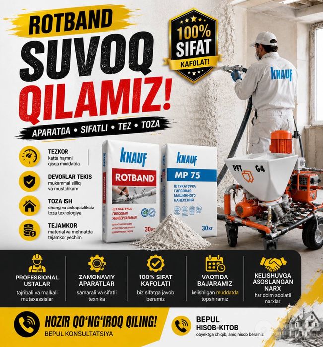 Штукатурка стен Rotband suvoq аппаратная под маяк идеально ровно