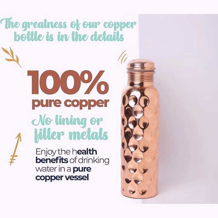 Нова медна бутилка, 100% чист мед, Голям капацитет от 950ml, Diamond pattern релефен дизайн, Медна капачка с херметично затваряне, Внос от Индия
