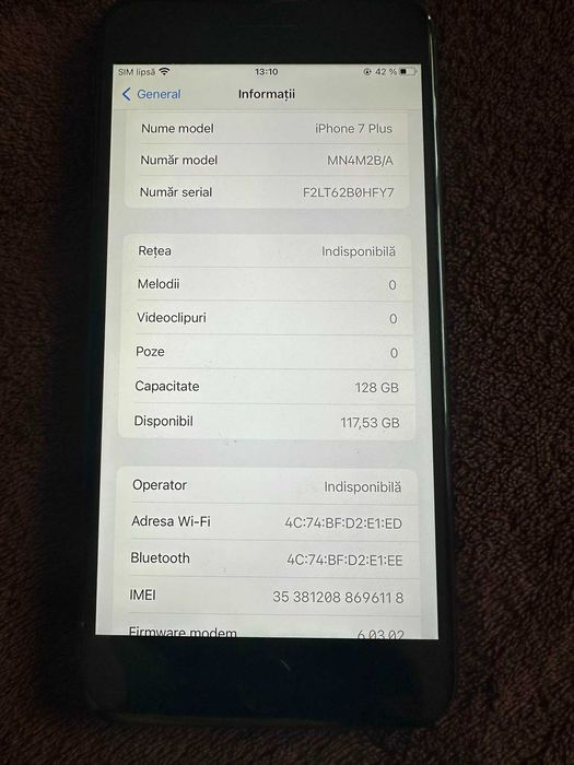 Iphone 7 Plus Negru 128 GB 82% baterie Liber de retea