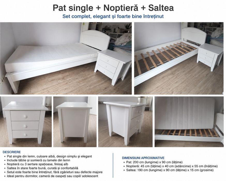Pat alb single + saltea + noptieră cu 3 sertare – set complet