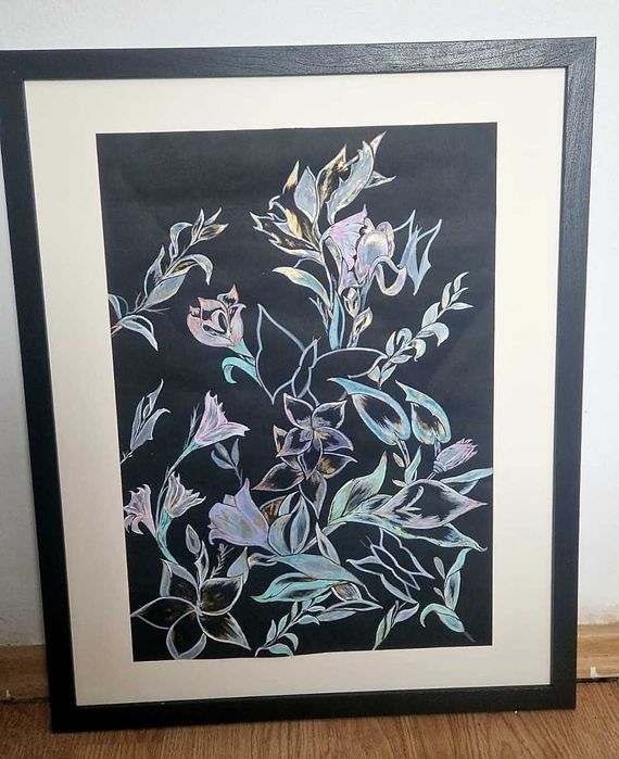 Tablou original floral, accente aurii, înrămat 50x60 cm