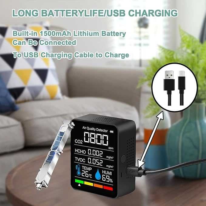 GOYOJO Преносим  CO2 детектор със звуков сигнал  5-в-1