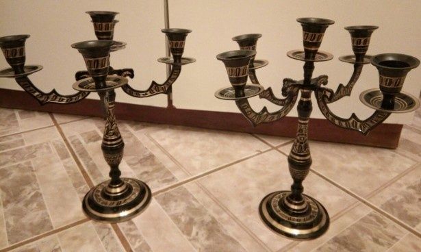 Set de 2 superbe sfeșnice cu 5 brate din bronz gravate integral manual