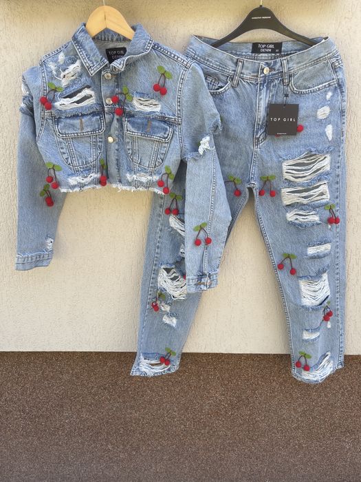 Set Denim - Jachetă scurtă + Blugi cu cireșe 3D