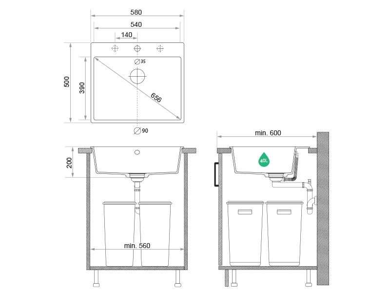 Сива Кухненска Мивка от гранит модел Рига 60 XL 580 x 500 мм