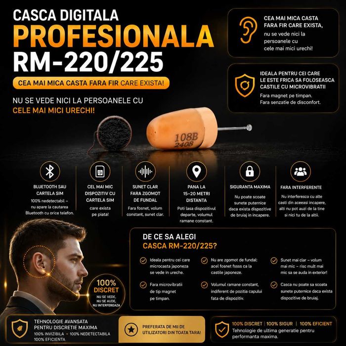 Casca de copiat Mini 4.8mm RM-220 Digitala | Fara Bluetooth Fara Piuit | Casti pentru copiat - Sisteme de copiat