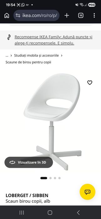Scaun alb pentru birou, copii, Ikea, model LOBERGET
