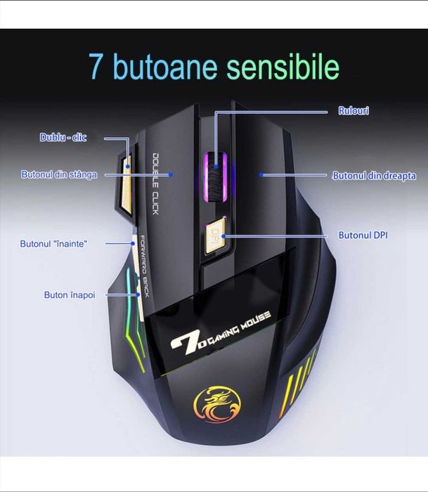 Mouse gaming wireless,500 mAh, USB,4 DPI,7 butoane,RGB,ergonomic