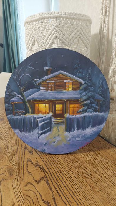 Картина маслом "Тихая, зимняя ночь", диаметр 40см.