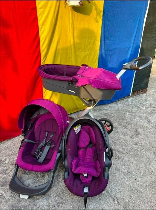 Carucior 3 in 1 Stokke Xplory pentru bebelusi, violet mov, landou, scoica, carut, umbrela, geanta, stare buna! Nou, a fost 4000lei!